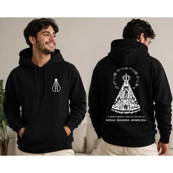 Moletom Religioso Nossa Senhora Aparecida Unissex Blusa de Frio Canguru Estampada Fé Confortável Flanelado Presente