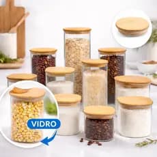 Kit 11 Pote Hermético de Vidro Organizador para Mantimentos e Alimentos com Tampa de Bambu Madeira