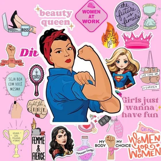 Kit 35 Adesivos Dia das Mulheres, Girl Power, caderno, planner, agenda, copo, garrafa, à prova d'água.