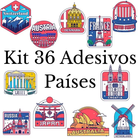 Kit 36 Adesivos Países caderno, mala, agenda, notebook, copo, garrafa, à prova d'água.
