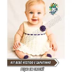 Conjuntinho Vestido e sapatinho em Crochê infantil para menina Batizado Aniversário Moda Infantil