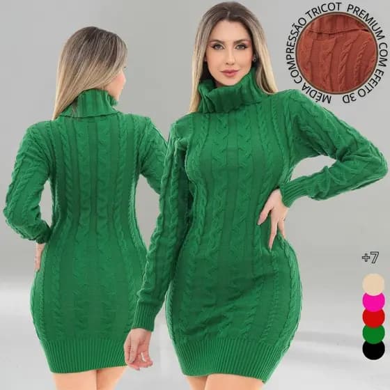 Vestido Tricot  Minivest Gola Alta Lã Premium Fio Trabalhado Super Quente Inverno