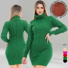 Vestido Tricot  Minivest Gola Alta Lã Premium Fio Trabalhado Super Quente Inverno