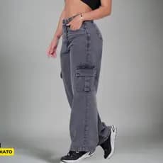 Calça Cargo Grafite Cinza Jeans Feminina Wide Leg 34 Ao 44