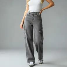 Calça Jeans Wide Leg Cargo Grafite Marmorizada 34 Ao 44