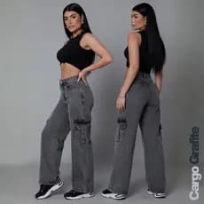 Calça Jeans Cargo Grafite Cinza Feminina Wide Leg Mamorizada Cintura Alta
