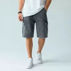 Bermuda Cargo Jeans Masculina Mamorizada Cinza Grafite Streetwear Larga P ao GG