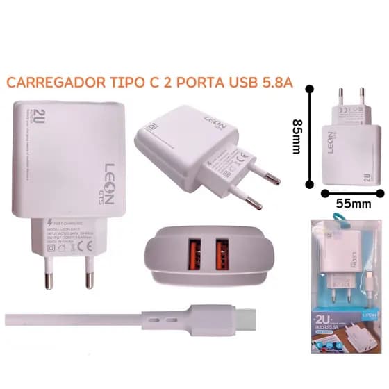 Carregador Turbo 18 W Dual USB - Fonte Torre 5,8A + Cabo Incluso