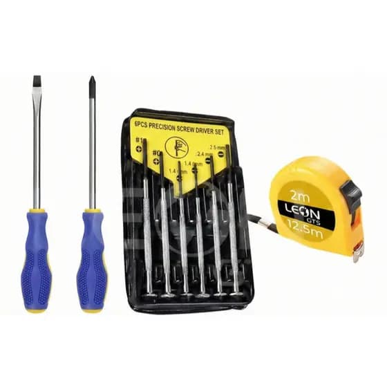 Kit Jogo Ferramentas Chave Fenda Phillips + Precisão + Trena 2m Reparos Domésticos Leve GJ-014