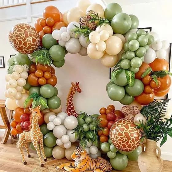 Kit Arco de Balões Desconstruído Safari Selva 181 Pçs Bexigas Verde Bege Girafa MM-QQ13 Premium