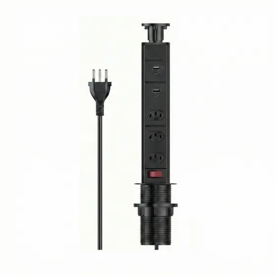 Torre de Tomada Retrátil MiniMen 3 Tomadas 2 USB 2500W Extensão de Mesa Embutir Escritório