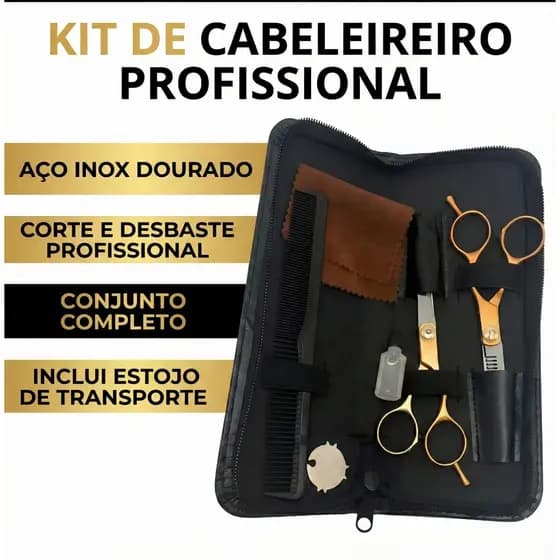 Kit Tesouras Profissional Barbeiro Cabeleireiro Inox Dourada Corte e Desbaste Com Estojo Pente