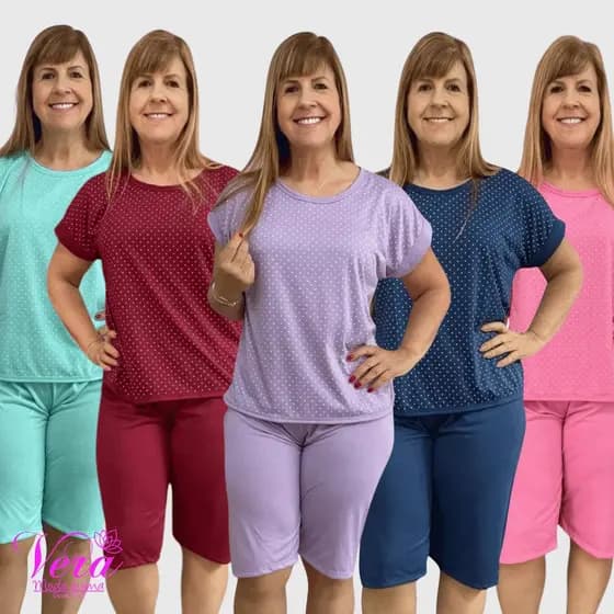 Kit 5 Pijamas Pescador Conjunto Feminino Manga Curta e Bermuda Malha até o Joelho Senhora Noite