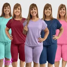 Kit 5 Pijamas Pescador Conjunto Feminino Manga Curta e Bermuda Malha até o Joelho Senhora Noite