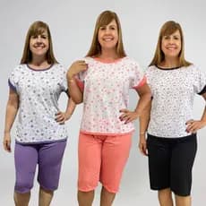 Kit com 3 Pijamas Feminino Pescador Malha Manga Japonesa Bermuda Calor Conjunto