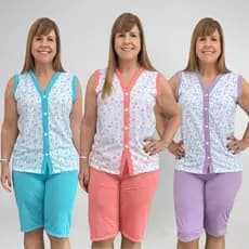 Kit 3 Pijama Feminino Pescador Senhora Aberto Botão Conjunto Gestante Amamentação Cirurgia Bermuda