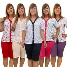 Kit 5 Pijama Pescador Aberto Manga Curta Amamentação Cirurgia Botão Conjunto Feminino