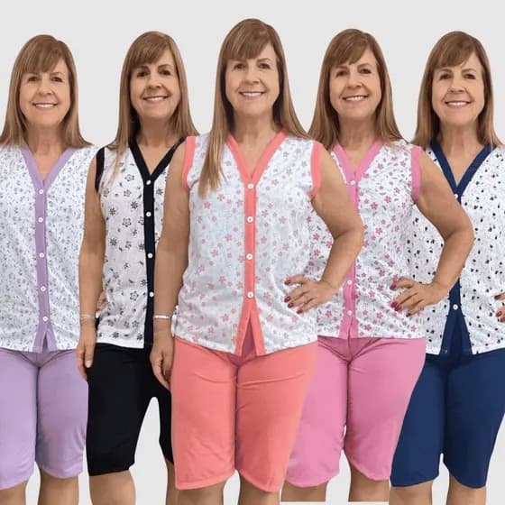 Kit com 5 Pijamas Pescador ABERTO Botão Amamentar Cirurgia gestante Bermuda Malha Blusa Conjunto