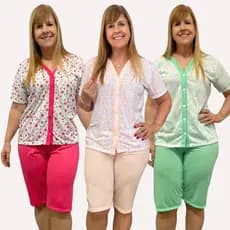Kit 3 Pijama Feminino Pescador Estampado Aberto Manga curta amamentação cirurgia botão Pijama Dormir