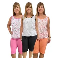Kit 3 Pijamas Feminino Pescador Bermuda Até o Joelho Malha Linha Noite Conforto