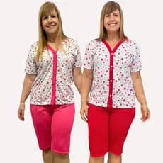 Kit 2 Pijama Pescador Estampado Feminino Aberto Manga curta amamentação cirurgia botão Senhora