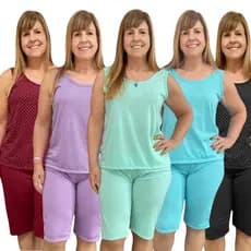 Kit 5 Pijama Poá Pescador Verão Feminino Conjunto Senhora Regata e Bermuda de Dormir Confortável