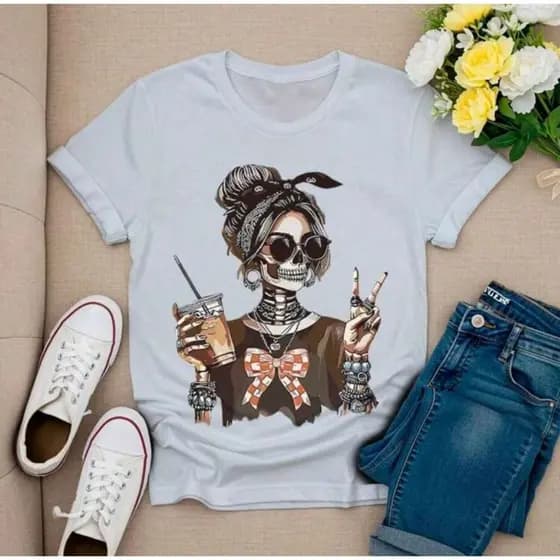 Camiseta Feminina Estampada Estilosa 100% Algodão
