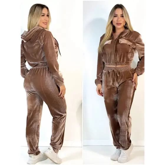Conjunto Veludo Cristal Feminino Com Capuz Ziper Calça Com Bolso Frio Outono Inverno