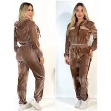 Conjunto Veludo Cristal Feminino Com Capuz Ziper Calça Com Bolso Frio Outono Inverno