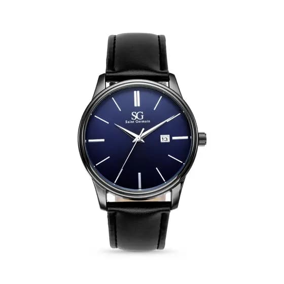 Relógio Masculino Chrowl Couro Preto Mostrador Azul Saint Germain Estilo Clássico Elegância 42mm