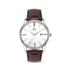 Relógio Masculino Chrowl Couro Marrom Caixa Prata Saint Germain Dia a Dia Sofisticado Elegante