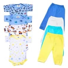 Kit Conjunto Enxoval Bebê 8 Peças  Body estampado MANGA CURTA e Mijão  100% algodão.
