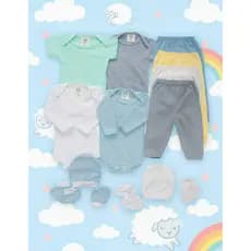 Kit Enxoval Bebê 14 Peças 100% Algodão Body Manga Curta e Longa Mijão Touca Luva Sapatinho 100% algodão cores lisas