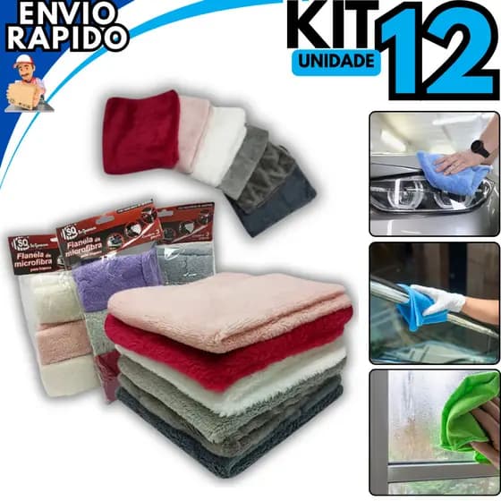 Kit 12 Pano Flanelas 30X30CM Toalha Microfibra Limpeza Carro Vidros Cozinha Limpeza Geral Multiuso Não Risca