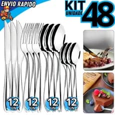 Jogo Talheres 24 ou 48 Peças Aço Inox Luxo 12 Facas 12 Garfos 12 Colheres de Mesa e 12 Colheres Sobremesa