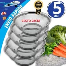 Kit 5 Cesto Inox 28cm Para Lavar e Cozinhar a Vapor Arroz Legumes Frutas Massas Escorrer massas e arroz