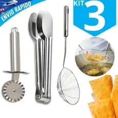 Utensílios Em Inox Cortador De Pastel Escumadeira Peneira e Pegador Universal 29cm Frituras Cozinha Em Aço Inox