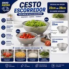 Kit 2 Cestos Escorredores Inox 22cm e 28cm Multiuso Para Lavar Alimentos Frutas Legumes Arroz Massas
