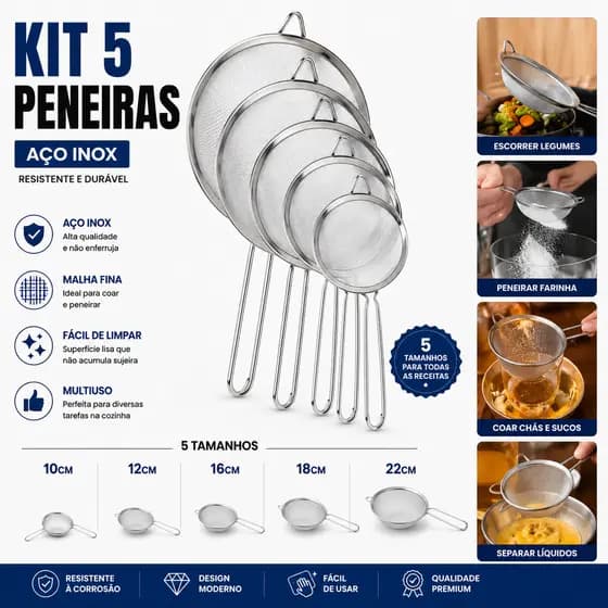 Kit 5 Peneiras Inox 10 a 22cm  Coar, Polvilhar, Filtrar Resistente para Cozinha e Restaurante