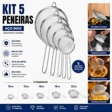 Kit 5 Peneiras Inox 10 a 22cm  Coar, Polvilhar, Filtrar Resistente para Cozinha e Restaurante