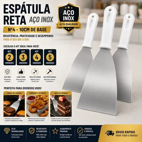 Kit 2 a 5 Espatula Reta N°4 10CM em Inox Para Chapeiro Bolo Profissional Hamburguer Lanches Lanchonete Cozinha