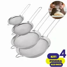 Kit 4 Peneira Coador em Aço Inox Multifuncional Para Alimentos Frutas Farinha uso Cozinha