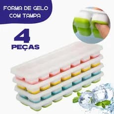 Kit 2/4 Formas de Gelo Silicone Com Tampa Rígida Flexível Fundo Retangular 14 Cubos Multiuso