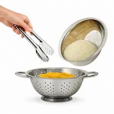 Kit 3 Peças Escorredor de Massa + Lava Arroz e Pegador Macarrão Multiuso