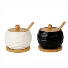 Pote com Tampa de Bambu Bandeja Com Colher Saleiro Cerâmica Mesa Açucareiro Temperos