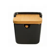 Saleiro Preto Porta Sal Cerâmica com Tampa de Bambu Colher Açucareiro Mesa