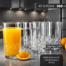 Jogo 6 Copos de Vidro 360ml Design em Relevo Estilo Cristal Diamante