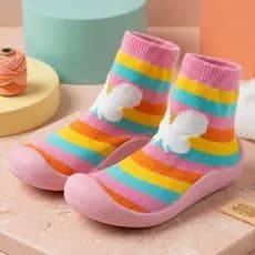 Meia Com Sola Infantil Bebê Rosa Confortável Antiderrapante Listrada