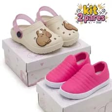Kit 2 Pares Tênis Infantil Calce Fácil Menina & Sandália Babuche Conforto Promoção