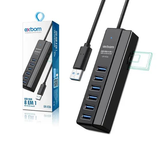 HUB USB 3.0 Combo 8 em 1 UH-R36 6 portas e 2 portas Leitor de Cartão SD/MicroSD e carregamento smart